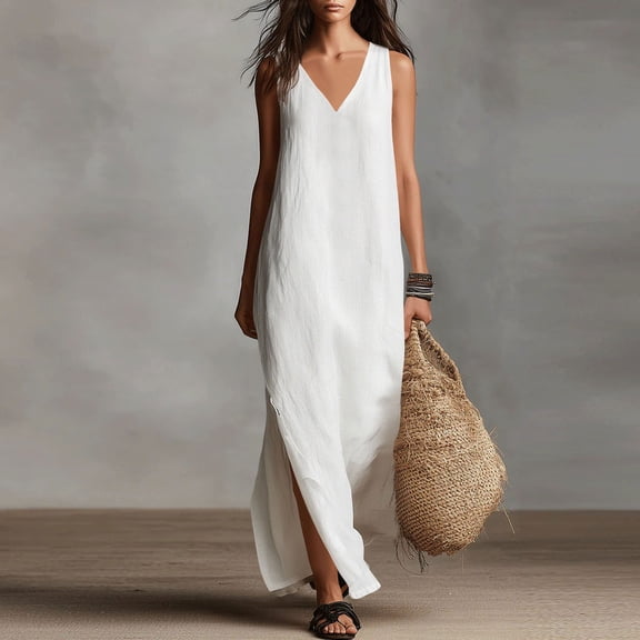 QUNYINEY Long Womens Sundresses Casual White Cotton Linen Sleeveless Summer Tank Dress with Slit Loose Fit V-Neck Beach Dresses