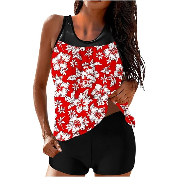 Tankini Swimsuits for Women Padded Vintage Rose Floral Print Two Piece Bathing Suits Mesh Patchwork Tummy Control Modest Swimwear