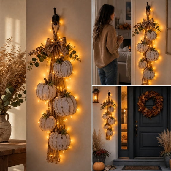 Glowing Hanging Wooden Pumpkin Fall Wall Decor, Fall Swags for Front Door Fireplace, Autumn Pumpkin Door Hanging Decor With Lights