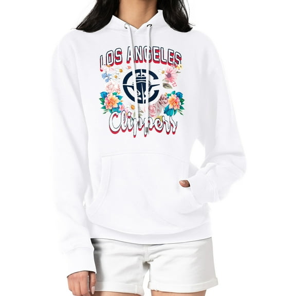 Women's G-III 4Her by Carl Banks White LA Clippers Flowers Team Logo Graphic Fleece Pullover Hoodie