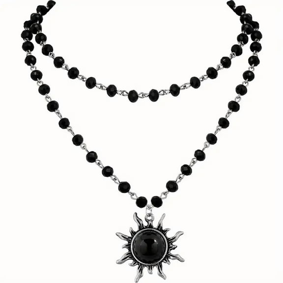 Gothic Black Sun Necklace,Rhinestone Pendant,Bead Choker Necklace, Halloween Christmas New Year Jewelry Gift for Women