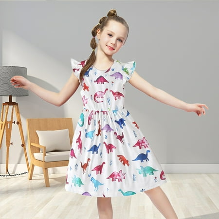 

Gotyou Girl s Toddler Princess Dress Colorful Dinosaur Fly Sleeve A-line Skirt Elastic Outfits Dresses