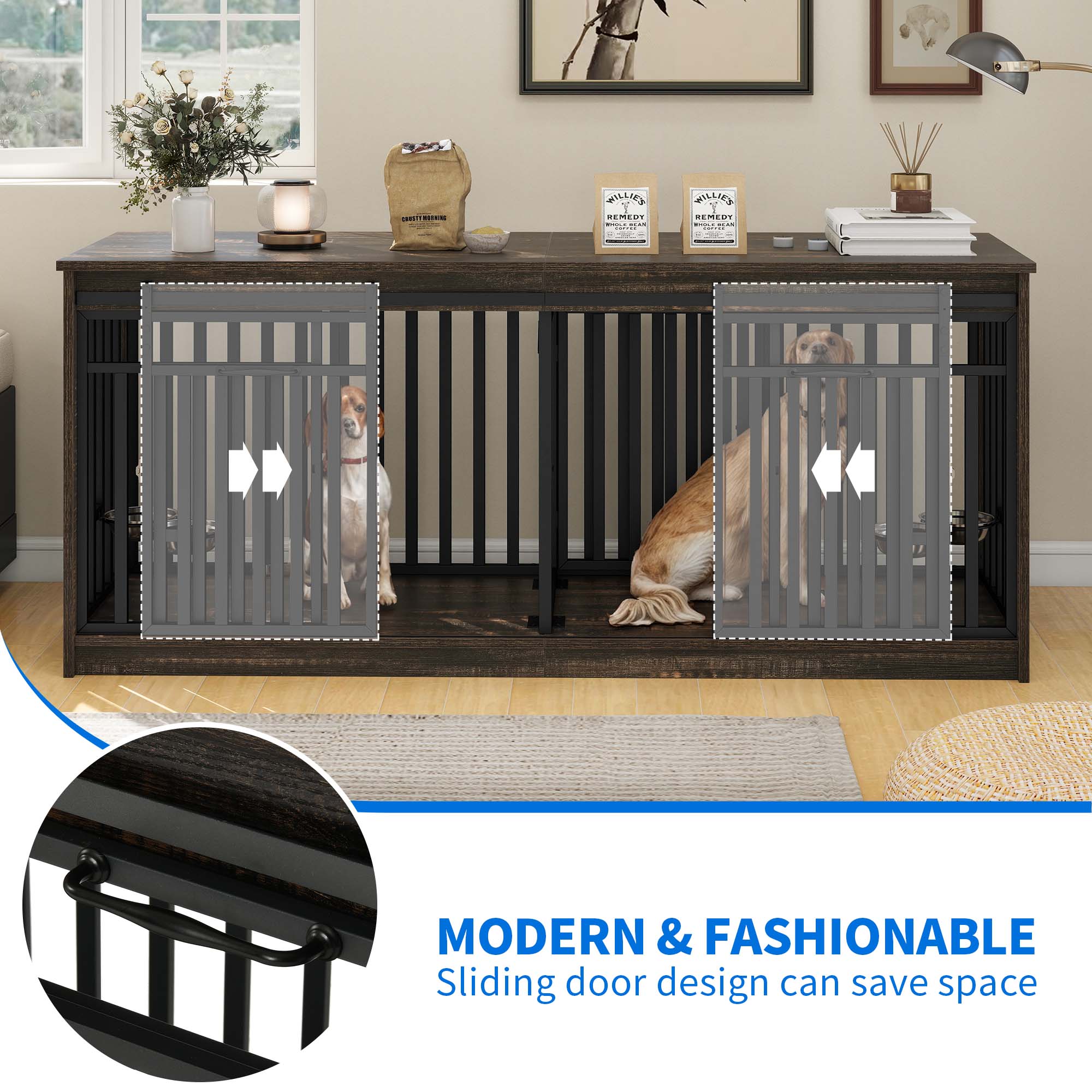 Dextrus 71" Large Double Dog Crate Kennel Furniture with 4 Dog Bowl, Sliding Doors for 2 Medium Dogs, Heavy Duty Wood TV Stand Dog Cage Table - Black Oak