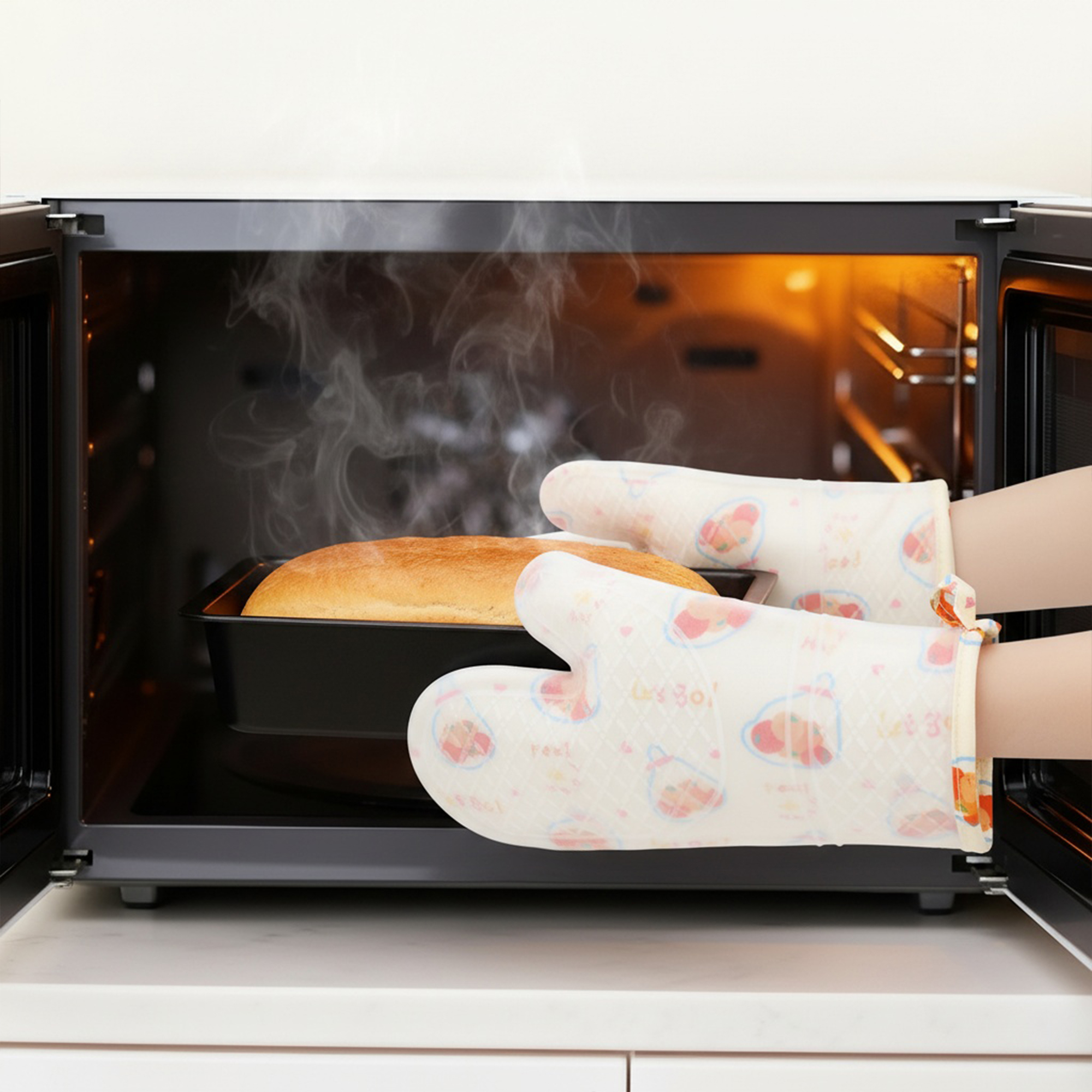 Unique Bargains Heat Resistant Waterproof Cooking Gloves Set of 2 Beige 11.6x7.3inch