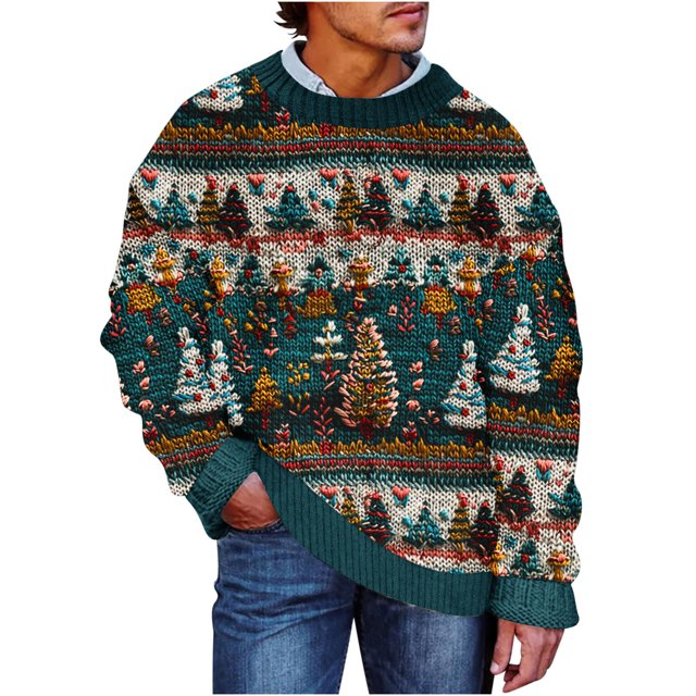 Small Christmas Tree,Christmas Tree Collar,Mens Christmas Tree Pattern Christmas Cozy Sweater Long Sleeve Crew Neck Top,Christmas Sweater Men,Sweaters for Men