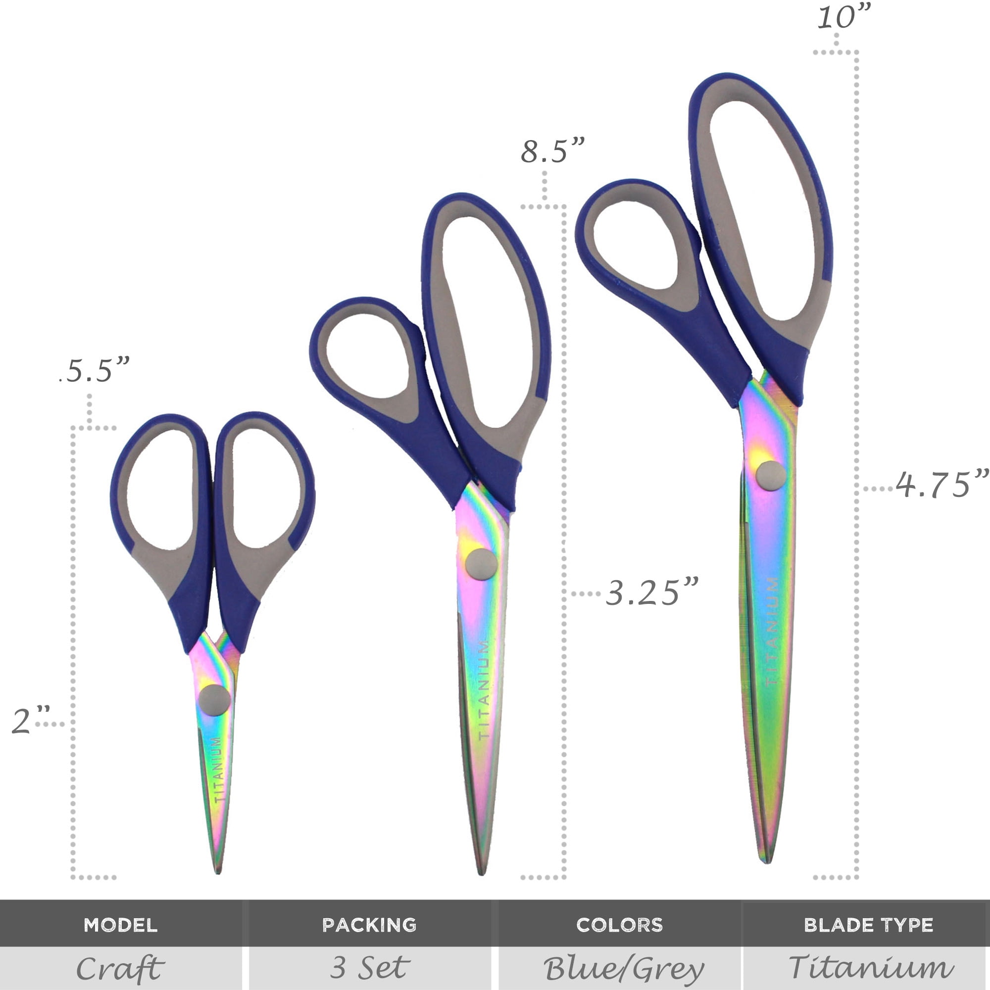 JubileeYarn Titanium Softgrip Scissors Set for Sewing, Arts, Crafts, Office - 1 Set of 3 - Blue