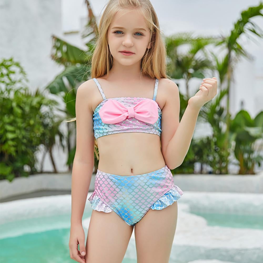 High Waisted Swim Bottom with Ruffle Bandeau Top Beach Bikini Gradient Swimwear Mermaid Scales Print Tankini Swimsuits 