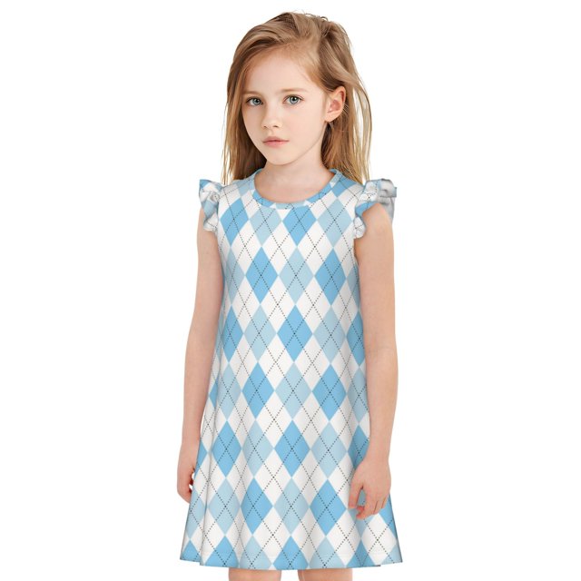 Fotbe Blue and White Squares Vestido de Dormir para Niñas de 3 a 10 Años, Mangas Cortas, Estilo Princesa, Pijama Camisón con Mangas Voladas-Medium