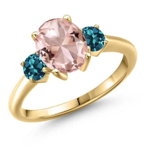 Gem Stone King 10K Yellow Gold Peach Nano Morganite and London Blue Topaz Engagement Ring for Women | 2.66 Cttw | Oval 9X7MM | Gemstone October Birthstone | Size 7