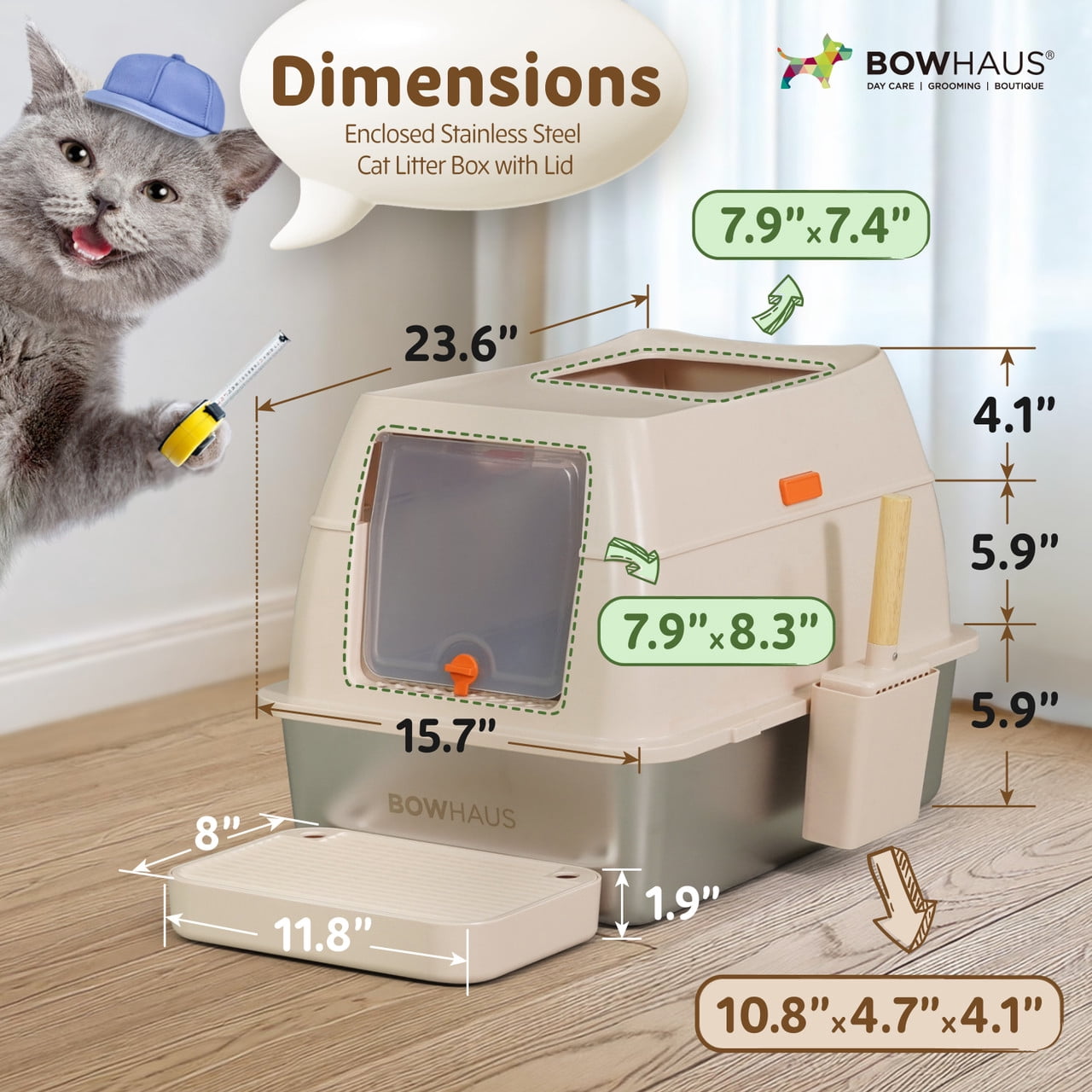 CAPHAUS XL 3 in 1 Enclosed Stainless Steel Cat Litter Box w/ Lid, Extra Large High Sided Metal Cat Litter Pan, High Sided Steel Litter Box w/ Scoop, Odor Control, Easy Clean & Anti-Leakage, Beige