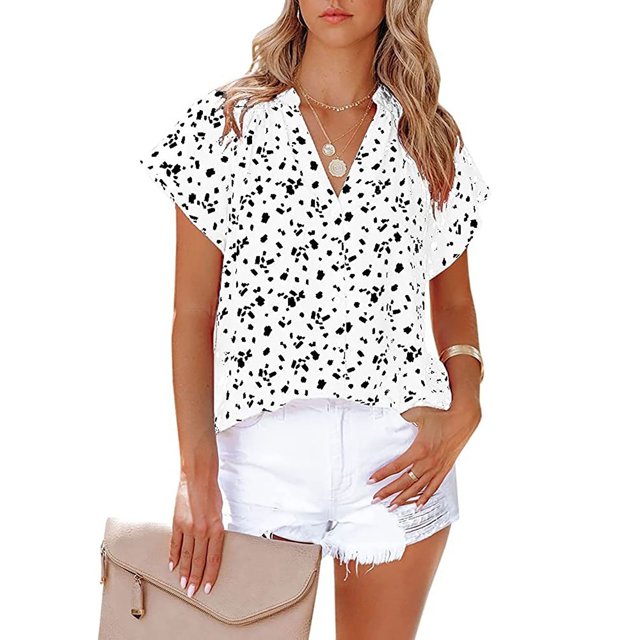 Blusa de gasa para mujer, cuello en V, manga corta, ajuste holgado, cómoda camisa informal para uso diario, color blanco 2XL