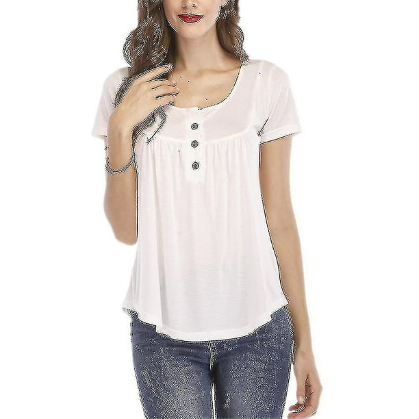 Camiseta de talla grande con botones lisos para mujer camisetas informales de manga corta con cuello redondo c Walmart en linea