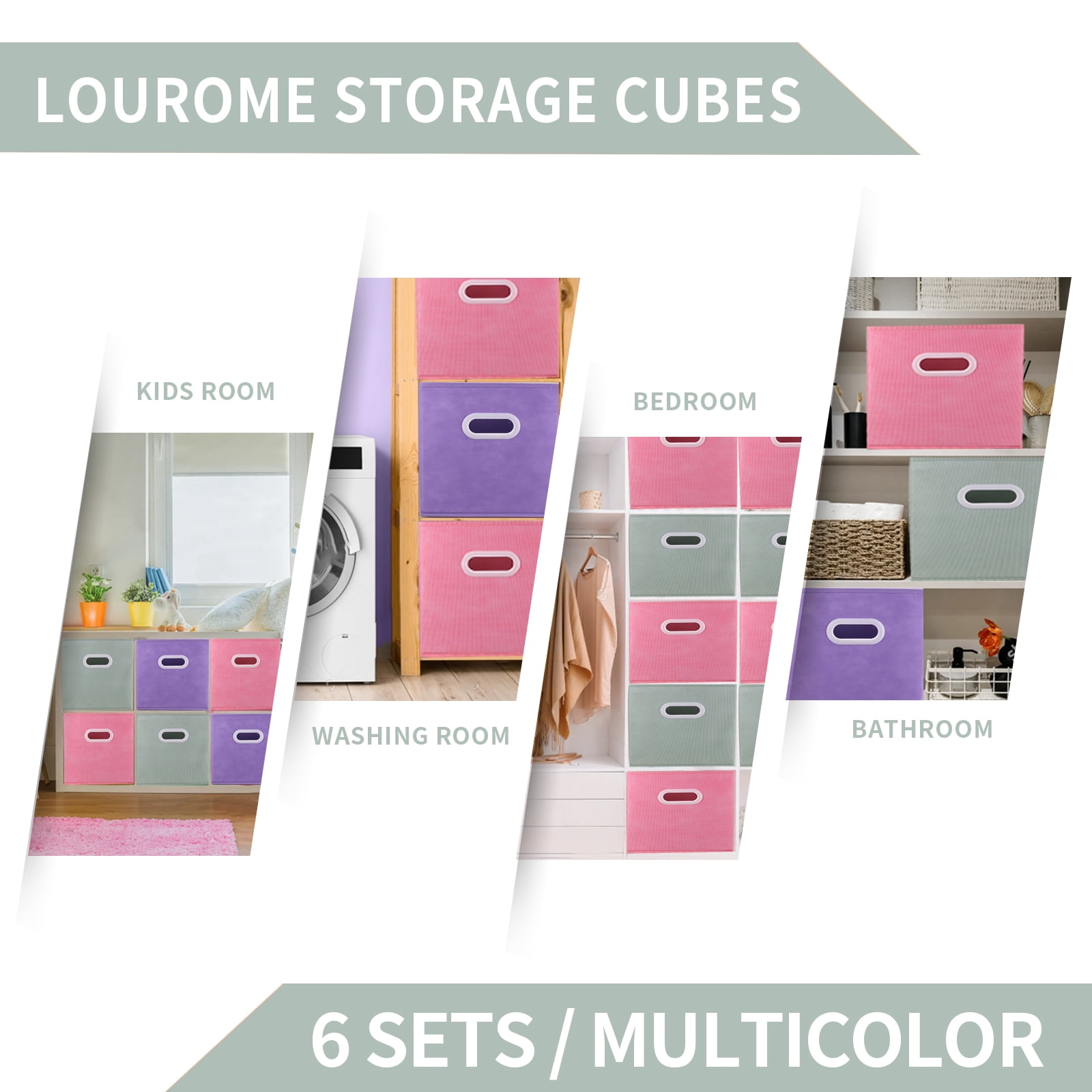 Lourome Storage Cubes, 11-inch Cube Storage Bin, 6 Sets Foldable Fabric Storage Cubes With Handles, 6 Cube Storage Organizer, Storage Cube Bins for Toys, Clothes and Books. (Purple+Pink+Cyan）