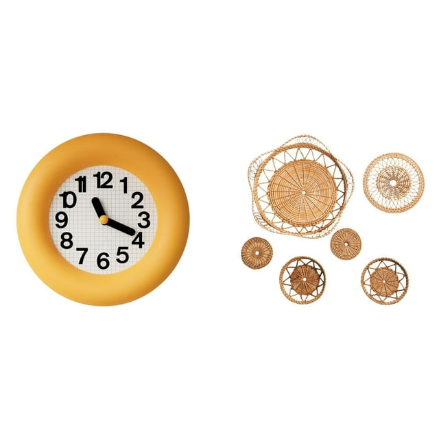 Reloj de pared,Reloj de pared redondo moderno y silencioso para dormitorio,Manualidades de pared,Decoración de pared colgante. Ratán tejido artesanal.,Juego de decoración de pared Adorno