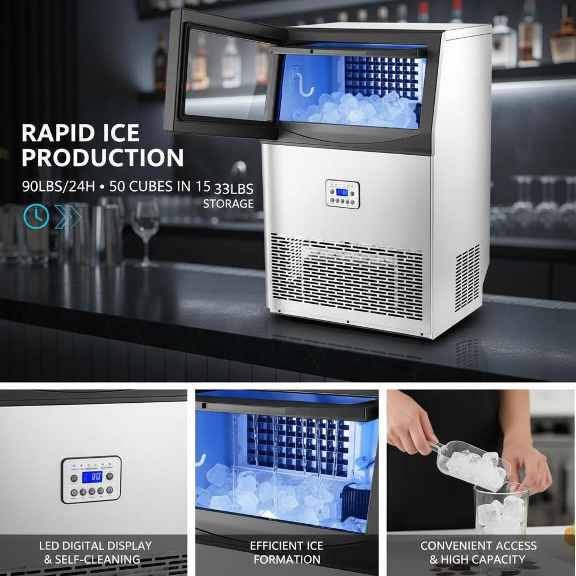 Commercial Ice Maker, 90lbs/24H, 33lbs Storage, Self-Cleaning Freestanding Ice Machine with LED Display for Restaurant Bar Office