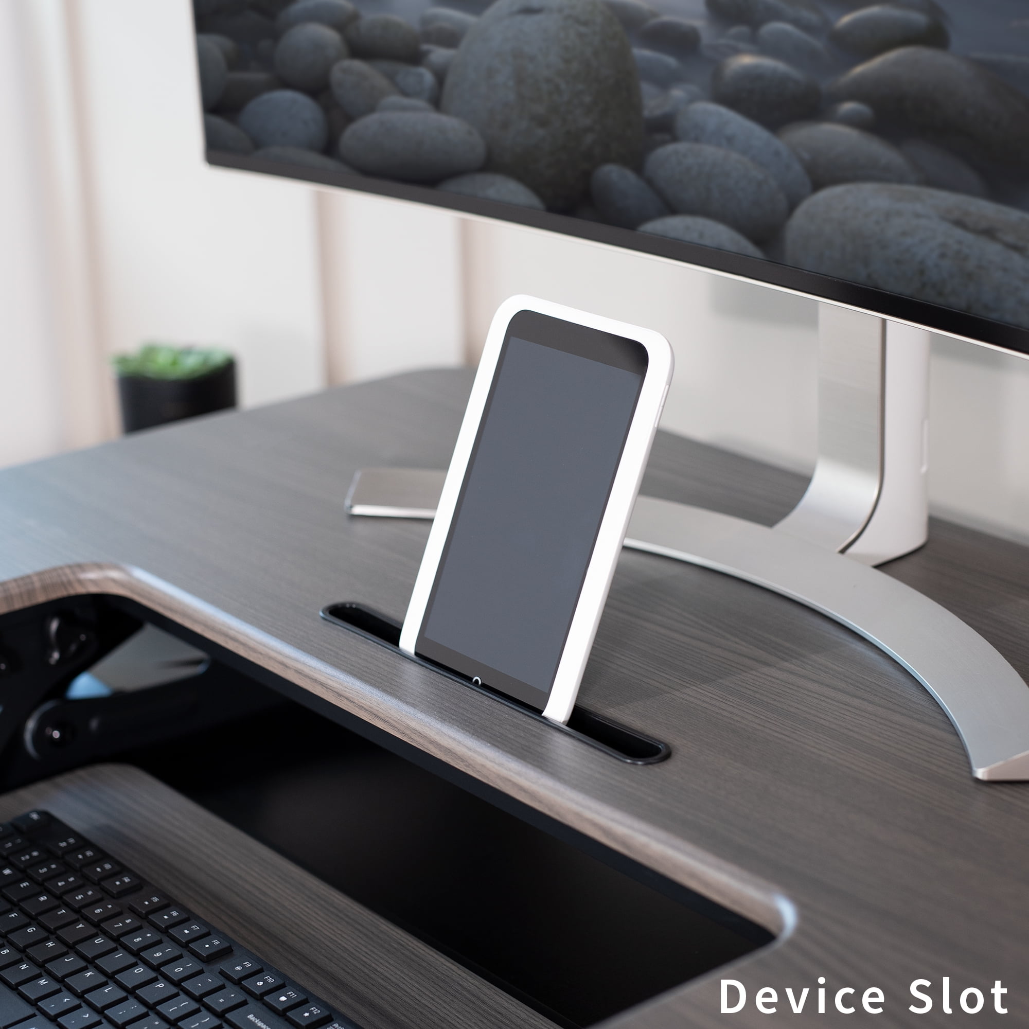 VIVO Gray Height Adjustable Standing Desk Riser, Tabletop Sit-Stand, Black Frame
