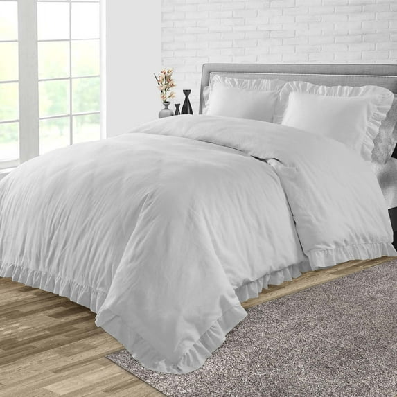 Duvet Cover 3 Piece Egyptian Cotton Cozy & Breathable 600 Thread Count Trimmed Ruffle Duvet Covers with Zipper Closure & Corner Ties Soft Comforter Cover (Super King Plus, Light Grey )