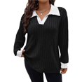 thumbnail image 1 of Suéter de Punto Informal de Talla Grande para Mujer, Cuello en V, Solapa, Color Liso, Camisa de Larga. y Negro 4XL, 1 of 7