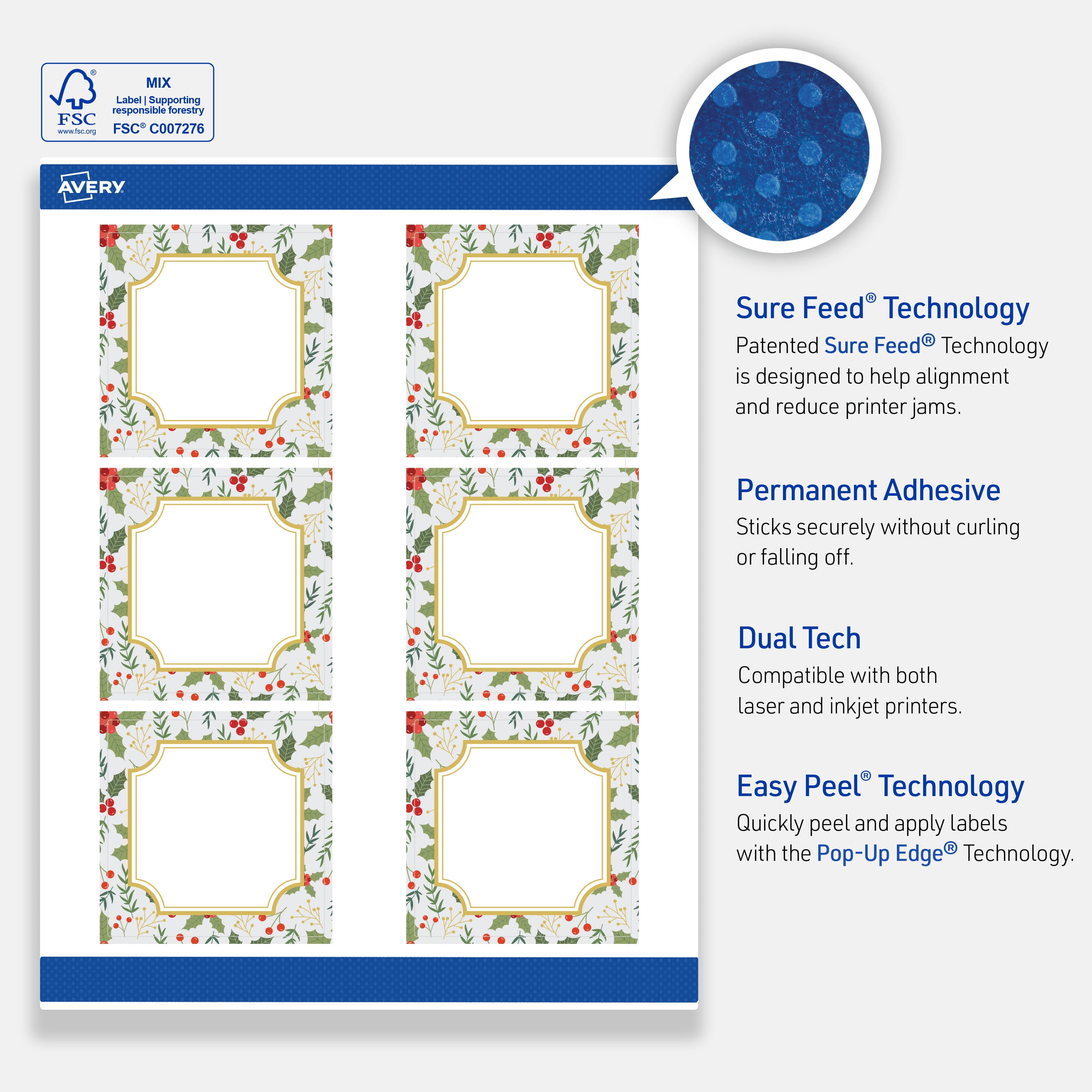 Avery Labels, 3" x 3", Matte White, Blue/Metallic Gold Frame