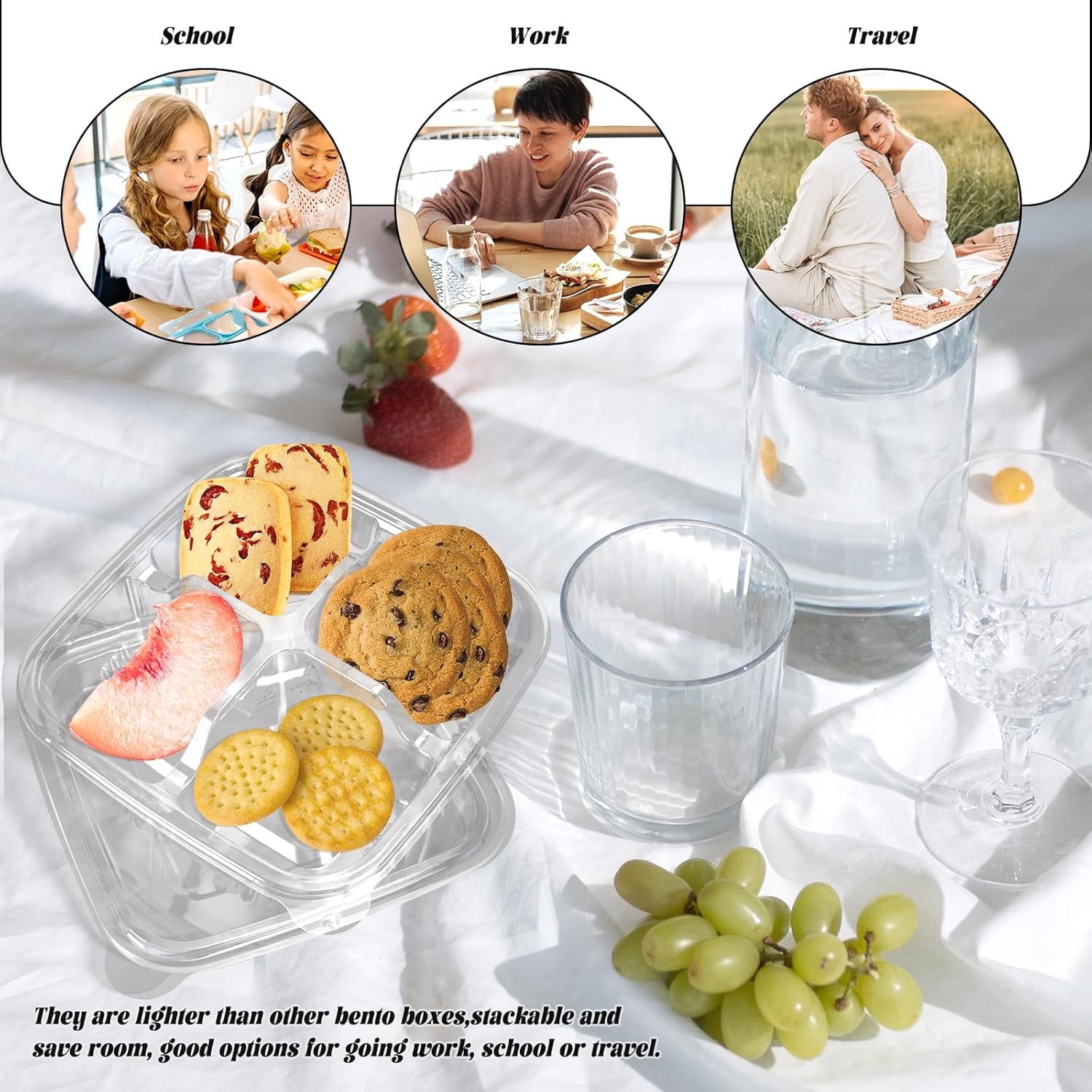 50 Pcs Disposable Clear Plastic Bento Boxes,4 Compartment Snack Containers Leakproof Food Container,Stackable Travel Lunch Boxes with Lids Divided Food Storage Containers for  Work Travel
