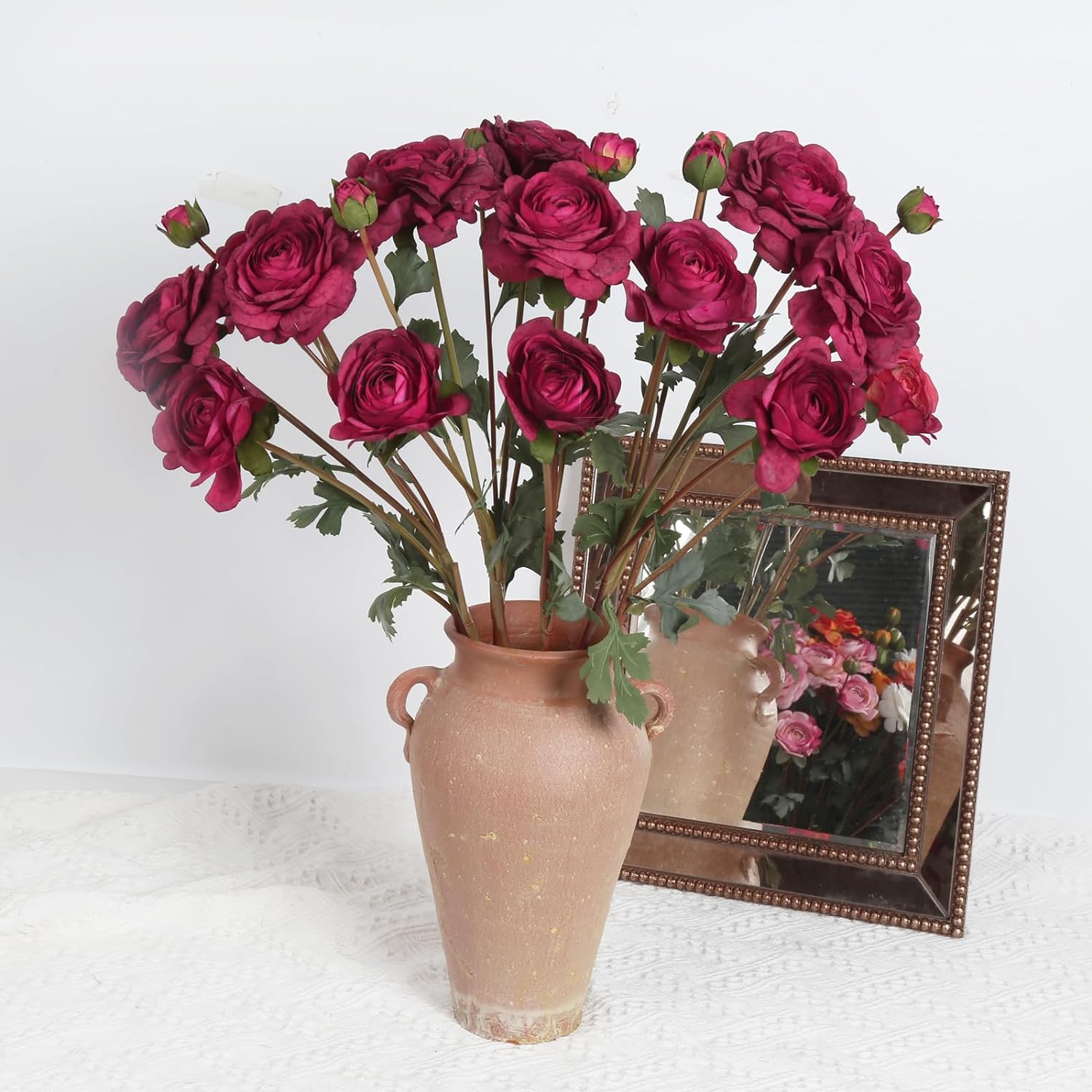 Burgundy Ranunculus Artificial Flower 5Heads '' Long Stems Silk Ranunculus Fake Buttercup Artificial Flowers for DIY Wedding Bouquets Home Kitchen Decorations (Burgundy)