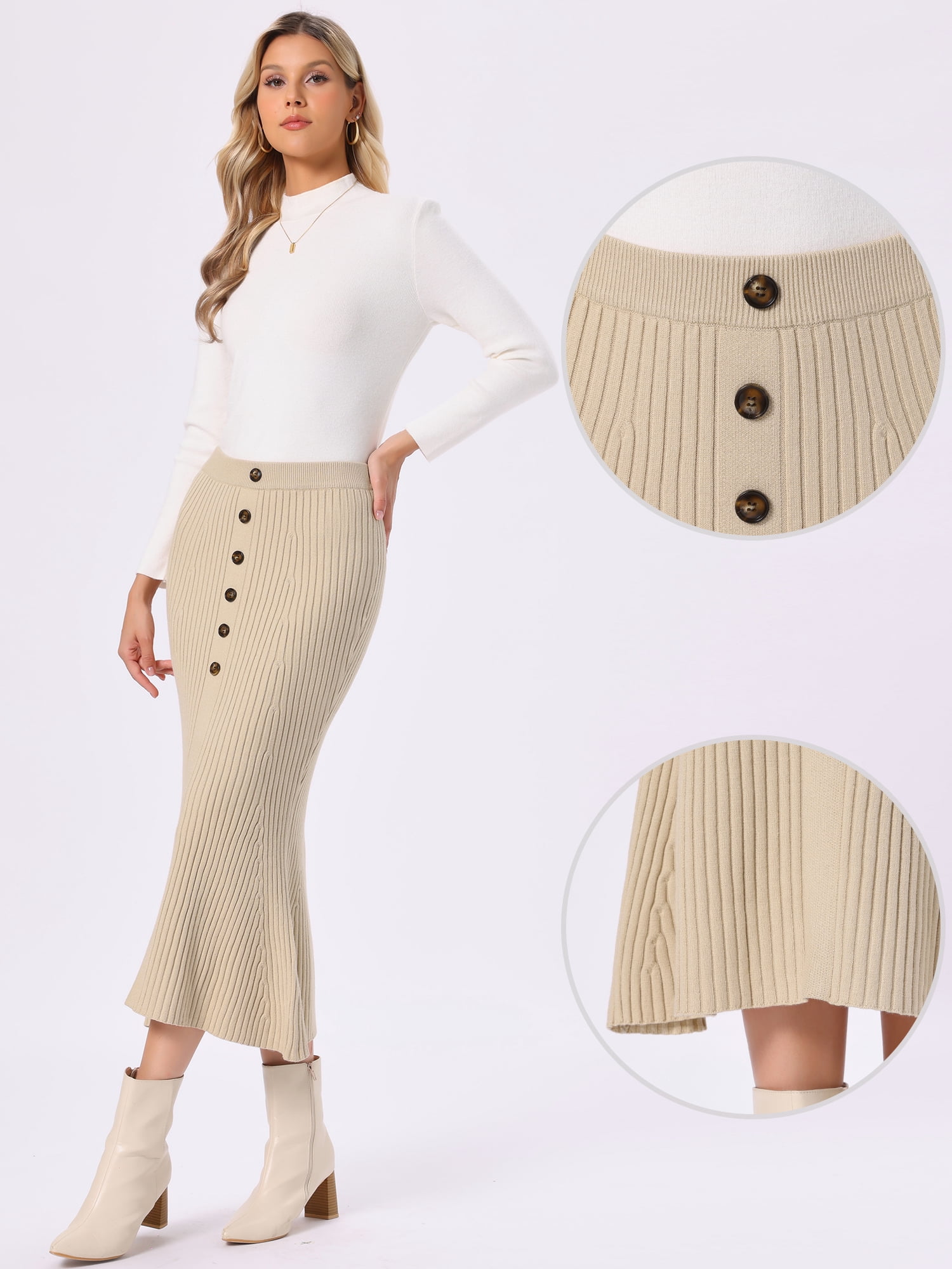 DARING DIVA Women's Knit Maxi Skirt Elastic Waist Ribbed Fishtail Skirt L Apricot
