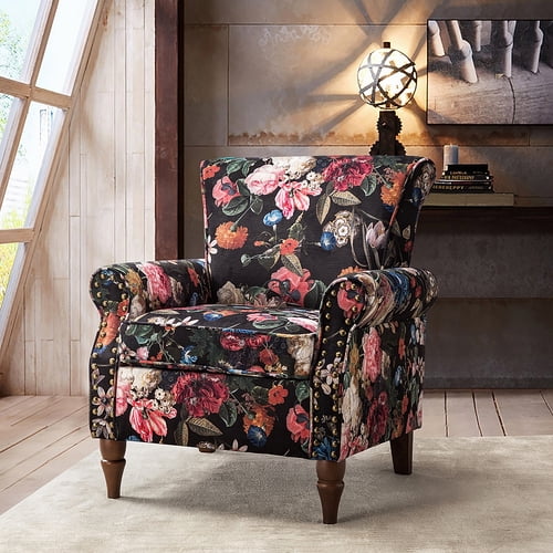 INCLAKE Knight Home Boaz Fabric Club Chair Black Floral Print
