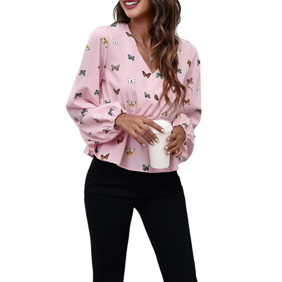 Women'S Long Sleeve Top Thin Pullovers V Neck - Sleeve Babydoll - Polyester Pull over Pink L