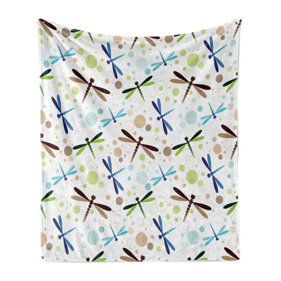 Dragonfly Soft Flannel Fleece Blanket, Colorful Toned Flying Dragonflies Pattern with Bubbles and Circular Shapes Print, Cozy Plush for Indoor and Outdoor Use, 60" x 80", Multicolor, by Ambesonne