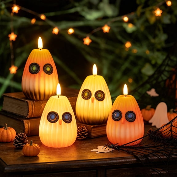 AOMXGD 2Pcs Owl Pumpkin LED Flameless Candles, Flickering Flame Lamp For Halloween Party Window Table Autumn Home Styling