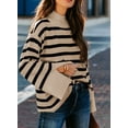 thumbnail image 4 of DOKOTOO Pullover Sweaters for Women Casual Loose Long Sleeve Mock Neck Ribbed Jumper Sweaters Chunky Knit Baggy Fall Striped Sweater Top Size Large US12-14, 4 of 11