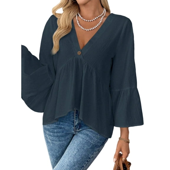 Women Long Sleeve V Neck Loose Fit Tunic Tops Babydoll Peplum Flowy Casual Blouse Eyelet T-Shirt Navy Blue XL