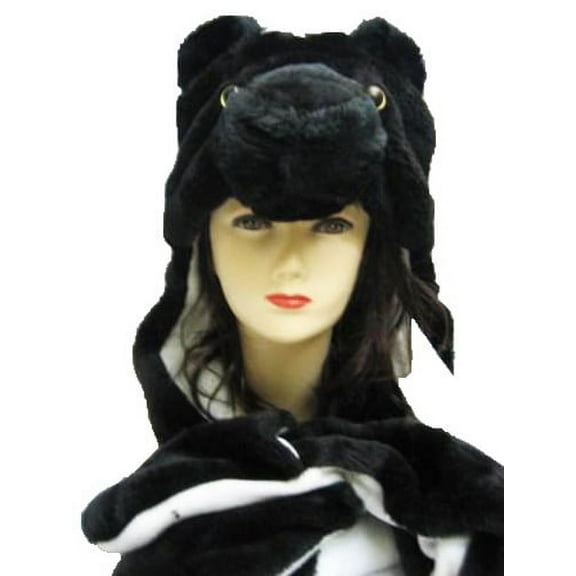 Plush Black Bear Animal Hat - Black Bear Hat with Ear Flaps and Hand Pockets