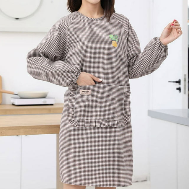 Long Sleeve Kitchen Apron for Women with Convenient Front Pockets and Adjustable Straps