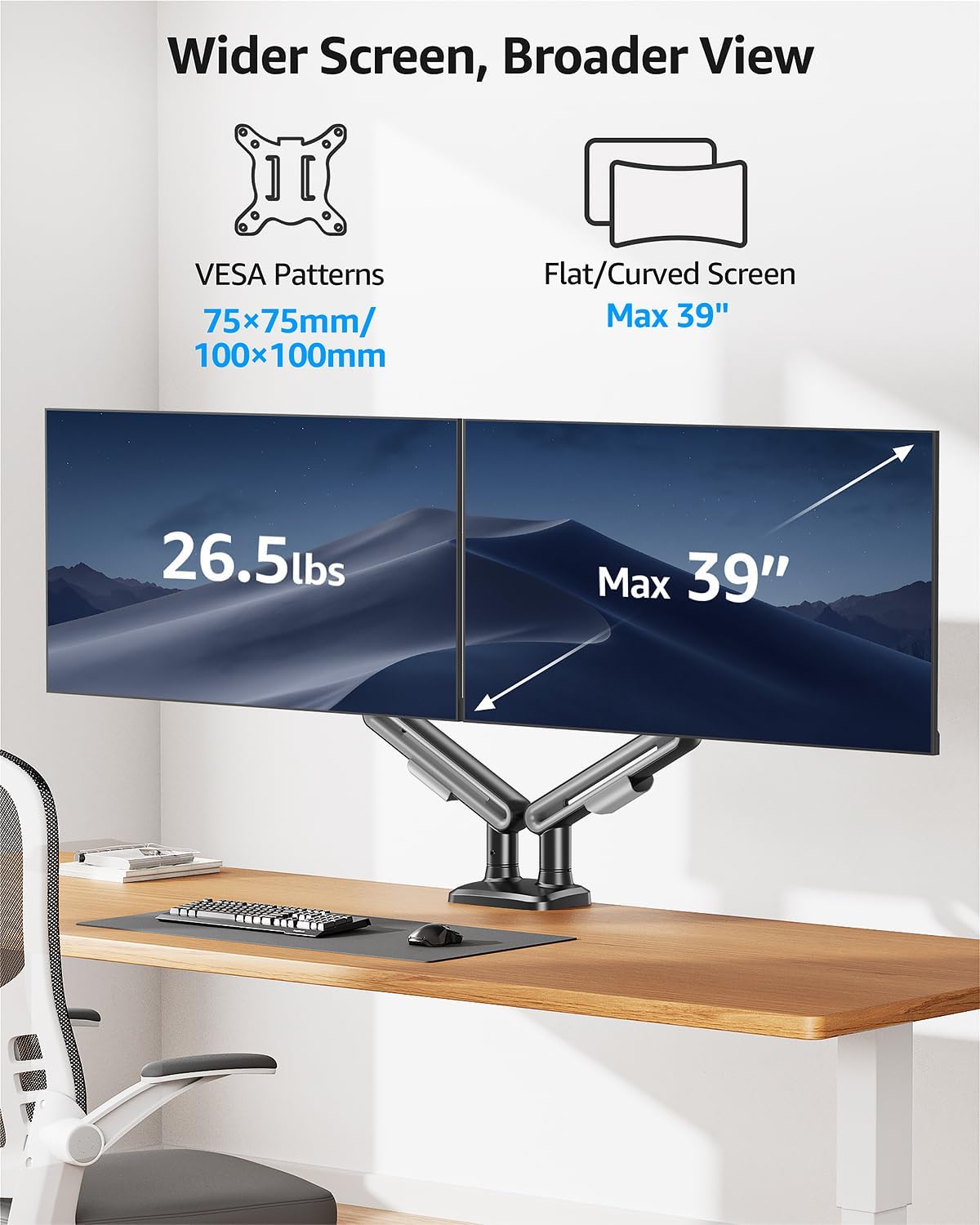 Dual Monitor Mount Holds 4.4-26.5lbs Heavy Duty Arm for 39 37 34 32 27inch Height Adjustable Desk Stand with C-Clamp Grommet Base