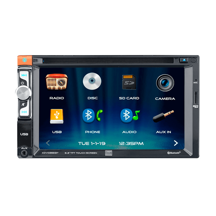 Dual Electronics XDVD269BT 6.2" Multimedia Touch Screen Double DIN Car Stereo Receiver, Siri/Google Voice Assist, Bluetooth, CD/DVD, USB and microSD Inputs