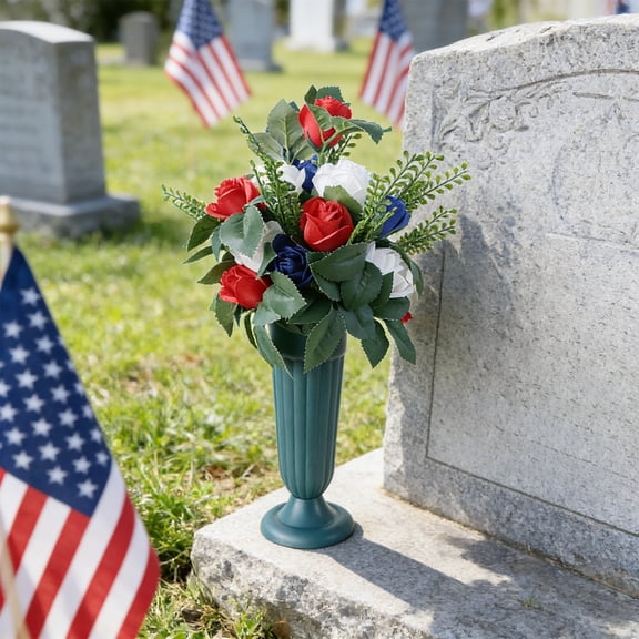Taicans Red White Blue Patriotic Artificial Cemetery Vase Flowers - Waterproof Memorial Day Grave Decorations with Plastic Vase,Fake Roses Floral Arrangement for Tombstone,Veterans Day Cemetery Decor