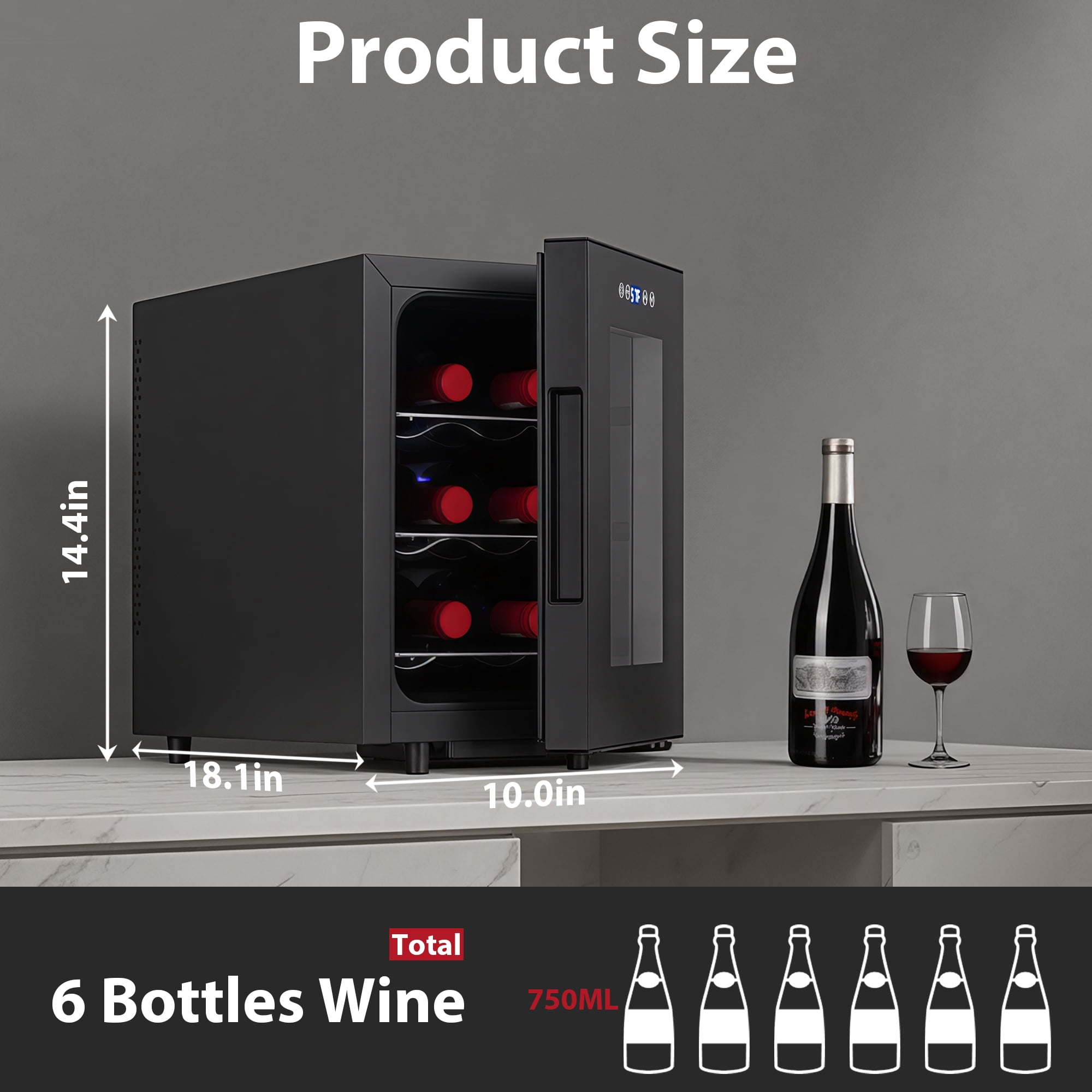 Iceblue 6 Bottle Wine Cooler with 4A Cooling Chip, Digital Temperature Control，Portable Wine Refrigerator, Compact Fridge
