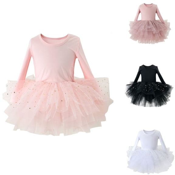 Trendfront Girls Ballet Tutu Dress for Girls Solid Long Sleeve Leotard Crewneck Dancewear Gymnastics Performance Stage Recital Outfits