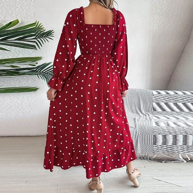 fit and flare casual knee length dresses for women WRKEKC Womens Dresses Casual Print Long Sleeve Square Neck Knee Length  Dress for Fall Winter Polka Dot Pattern Fit and Flare with Back Zip