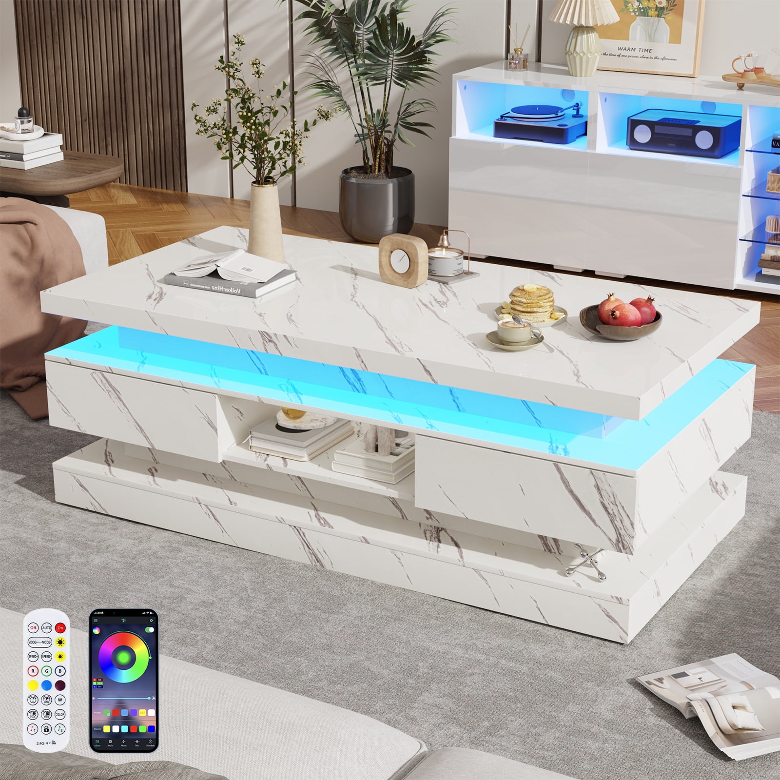ChVans 47'' LED Coffee Table with 2 Storage Drawers, Modern High Gloss Black Coffee Table with Marbling Print, 3-Tier Rectangle Center Table for Living Room, APP Control