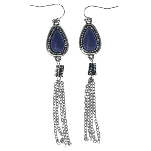 Vintage Style Silver-Tone Dangle Earrings Tear Blue Stone Accents & Chains