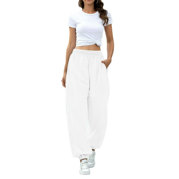  Womens Drawstring High Waisted Wide Leg Long Pants Casual  Sweatpants Pure White XL