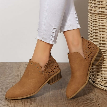 

Rewenti Women Round Toe Hollow Shoes Shallow Square Heels Slip-On Casual Single Shoes Brown 6.5(38)