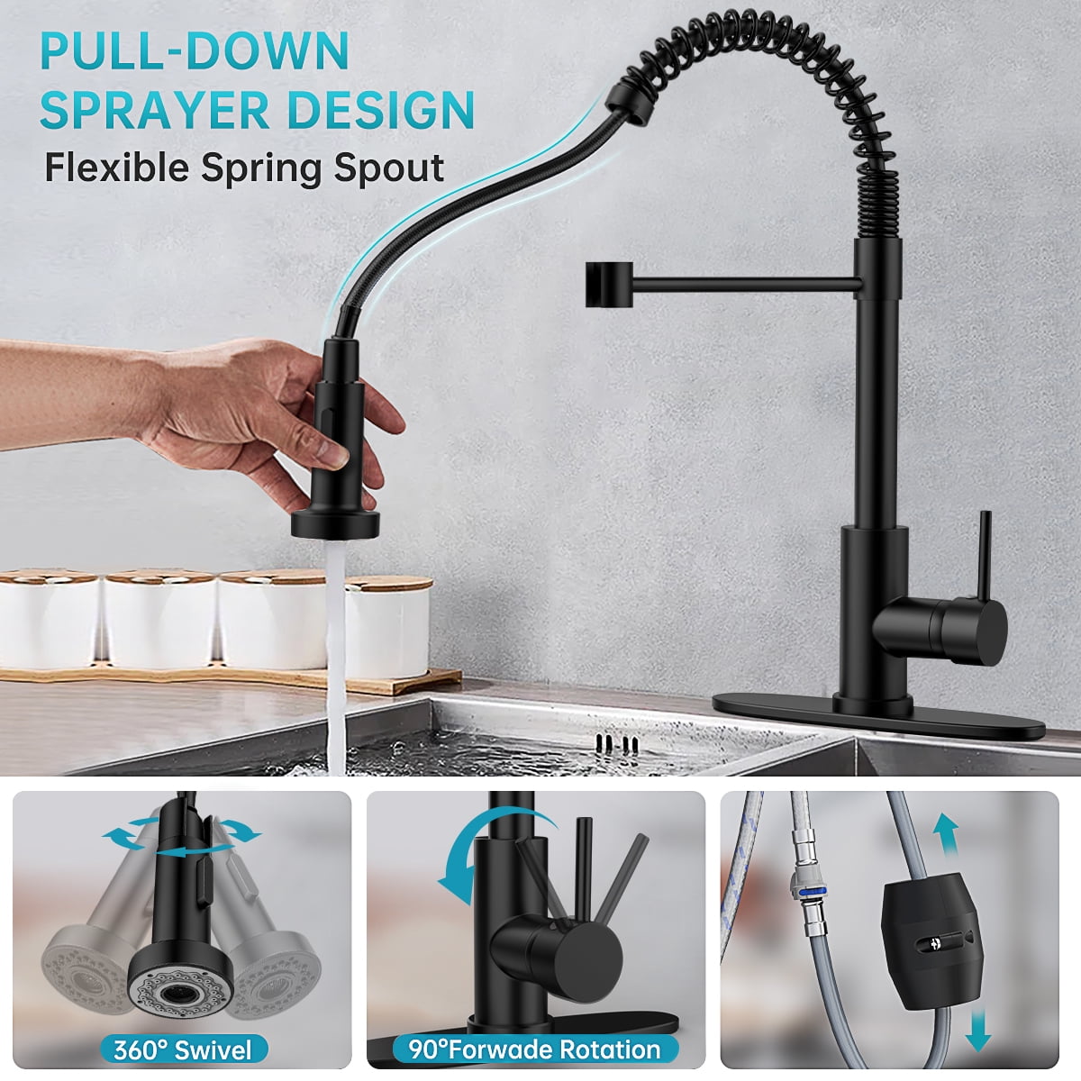 Kitchen Faucet w/ Pull Down Sprayer, High Arc Spring Kitchen Sink Faucet, Modern rv Single Handle Water faucets with Deck Plate&Water Lines, Dual Function for Bar/Laundry/Utility Sink(Matte Black)