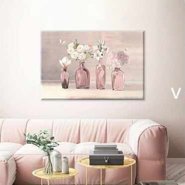 1pcs canvas painting with wooden frame, ready to hang, flowers in vase canvas wall art floral painting vase poster watercolor pink flower art print pink flower watercolor wall art white flower art