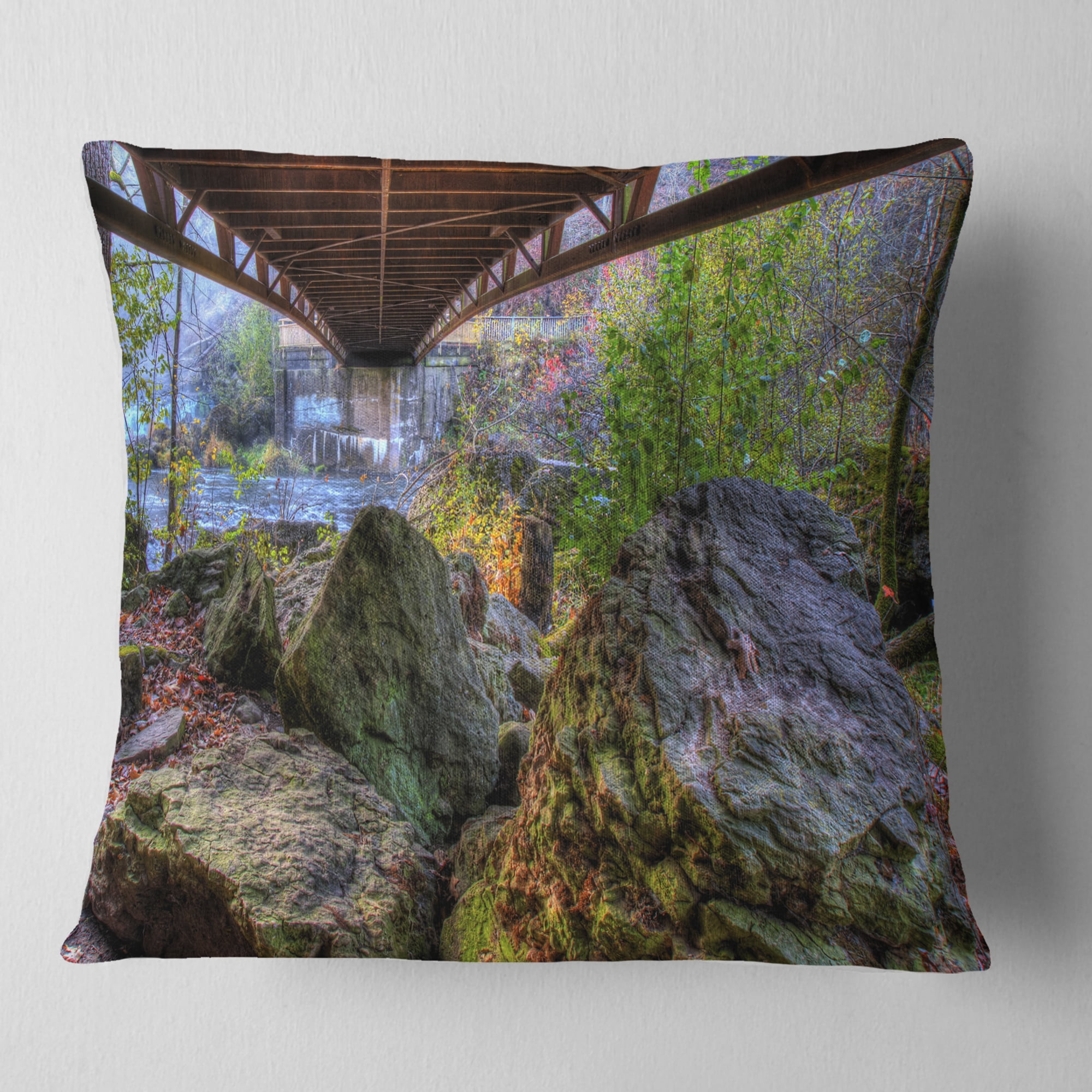 Designart Large Rocks Under Bridge in Creek - Landscape Photography Throw Pillow - 18x18