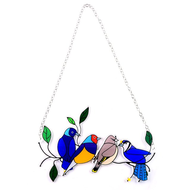 Multicolor Birds On A Wire High Stained Glass Window Panel, Bird Series Ornamen