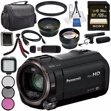 Panasonic HC-V770 Full HD Camcorder + Sony 128GB SDXC Card + Flexible Tripod + Carrying Case + Memory Card Wallet + Card Reader + Mini HDMI Cable + LED Light + Condenser Mic