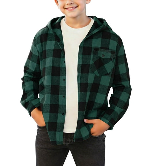 Paiwinds Boys & Girls Plaid Shirt Jacket, Button-Down Hooded Shacket for School & Fall 4-15 Years, Casual Outerwear with Checkered Pattern and Snap Closure